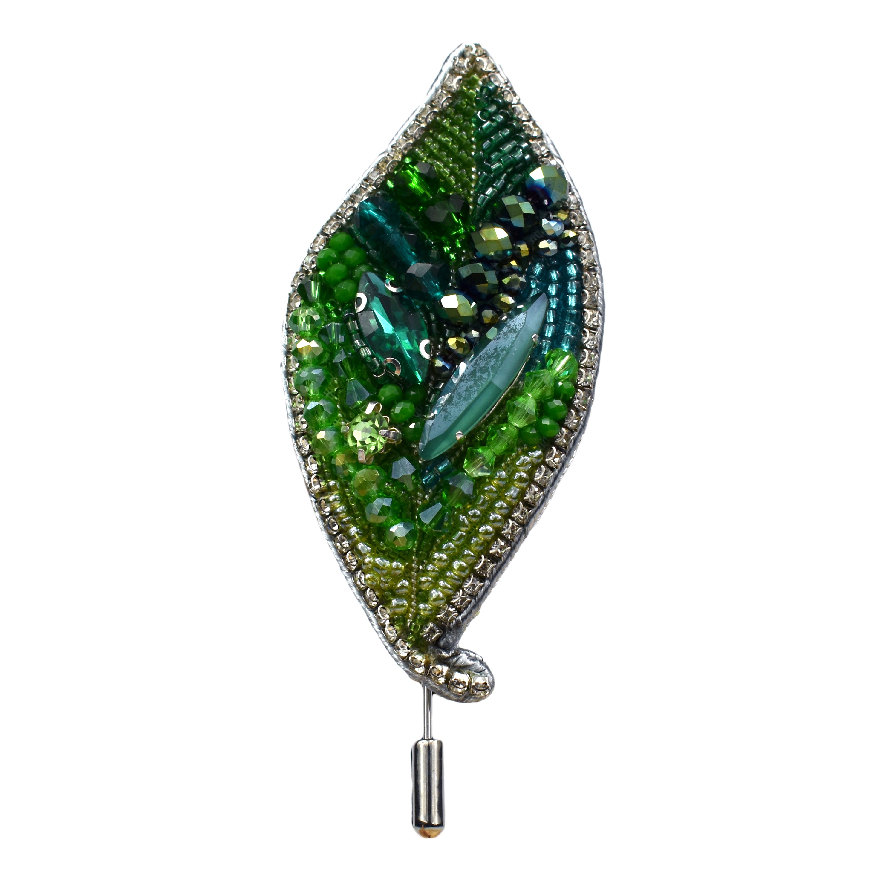 Handmade Crystal Green Fortune Leaf Lapel Pin